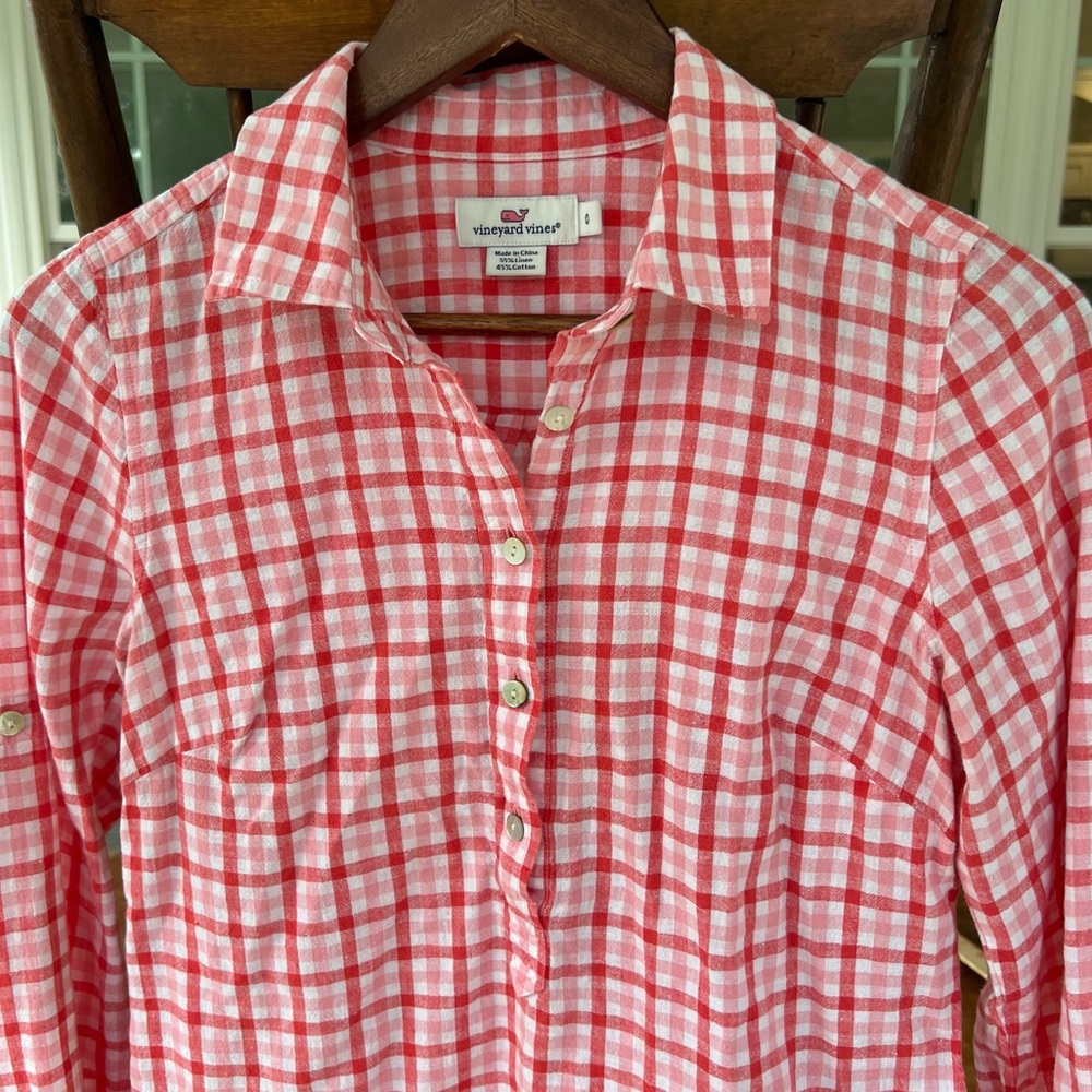 Vineyard Vines Red Pink Gingham Linen Cotton Button Blend Down Shirt Top Size 0 - Picture 4 of 16